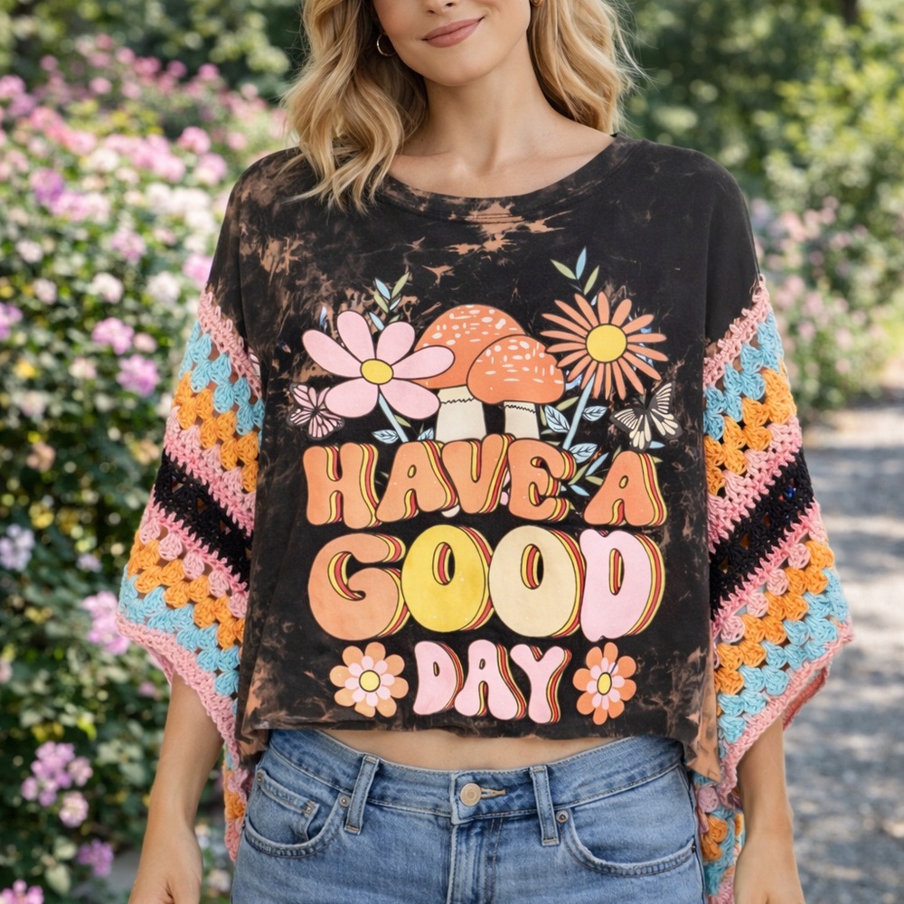 Have A Good Day Graphic Crop Tunic Top - Black Tie-Dye